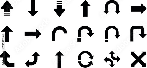 Collection of diverse black directional arrows and symbols on a white background for navigation and design