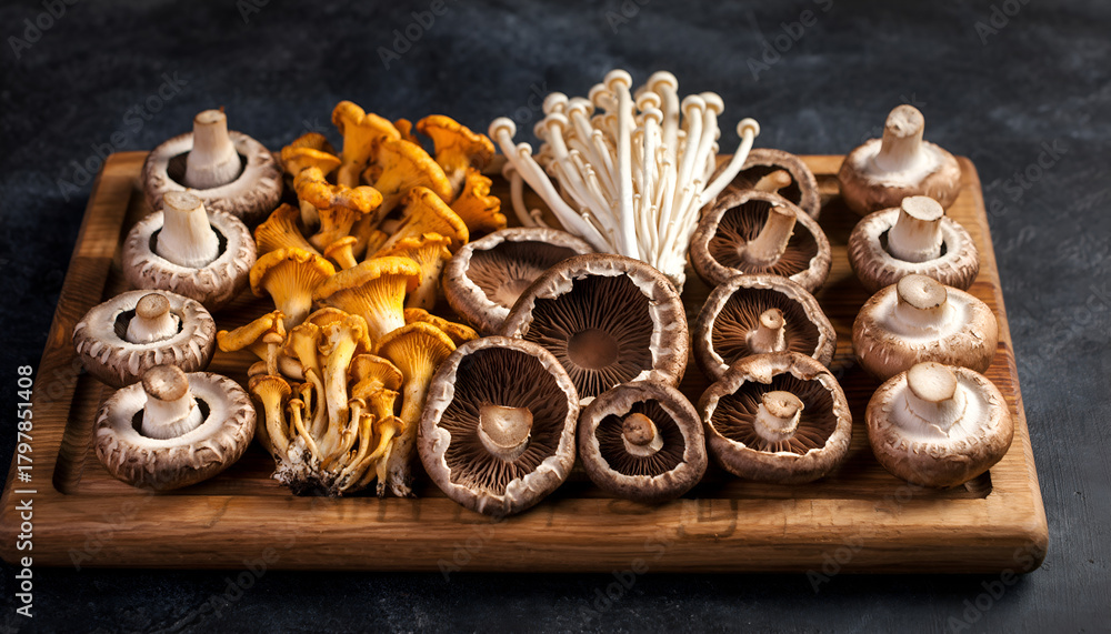 Fototapeta premium Assortment of Fresh Raw Mushrooms Including White Button Chanterelle and Enoki Varieties Arranged Artfully on a Wooden Cutting Board with Dark Textured Background and Soft Studio Lighting