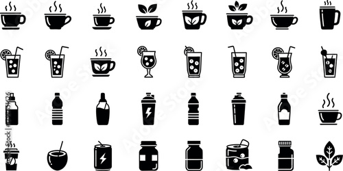 Collection of hand drawn black and white icons representing various beverages and drinks