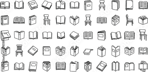 Collection of hand drawn sketch objects featuring books boxes furniture and geometric shapes isolated on white background