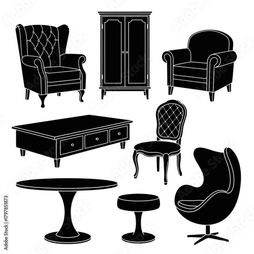 "Furniture Silhouette Vector Set – Chairs, Armchairs, Cabinets, and Tables Home Interior Icons"