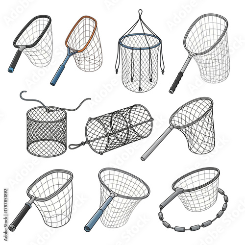 "Fishing Net Vector Set – Landing Nets, Mesh Baskets, and Angler Catching Equipment Illustrations"