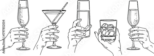 Five hands holding various drinks and glasses in a celebratory toast against a white background