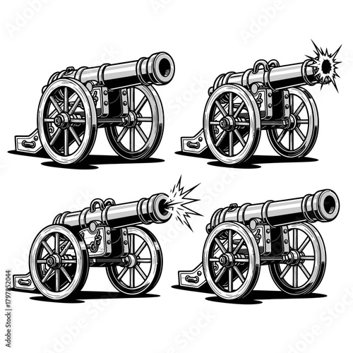Vintage Cannon Silhouette Set | Old Artillery Gun Vector Illustrations | War History Clipart