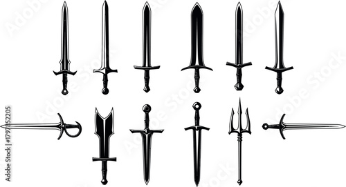 Collection of diverse medieval and fantasy swords displayed in a stylized black and white illustration