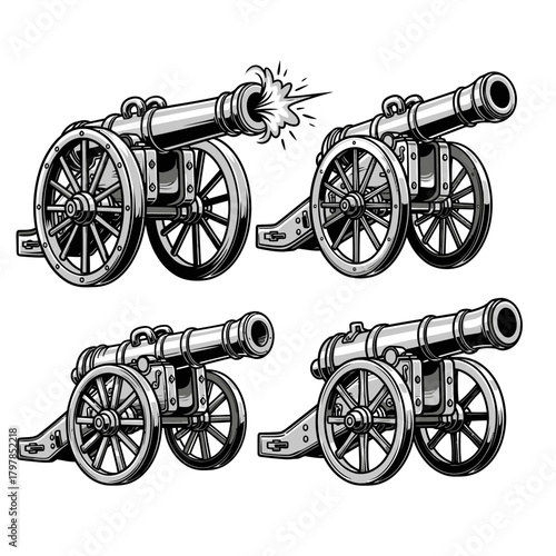 Vintage Cannon Silhouette Set | Old Artillery Gun Vector Illustrations | War History Clipart