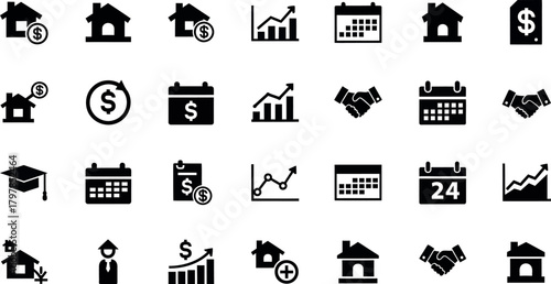 Collection of black and white icons representing real estate finance and investment concepts