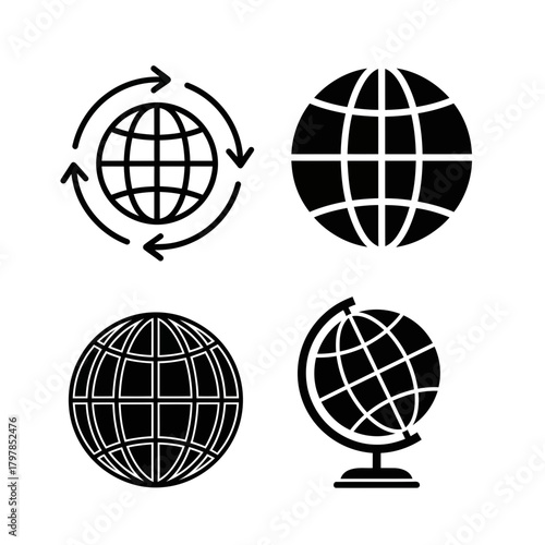 Global Globe Icons Set – World Map Symbol Vector Collection