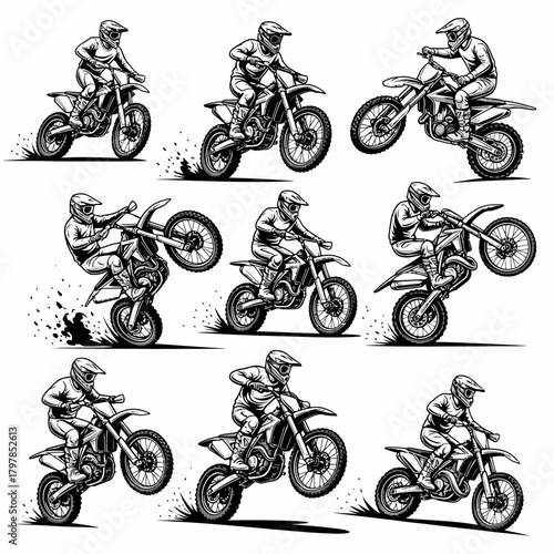 "Motocross Rider Vector Set – Dirt Bike Jumping, Racing, and Off-Road Action Illustrations"