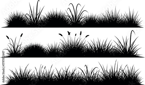 Collection of three black silhouette illustrations of tall grass and reeds against a white background