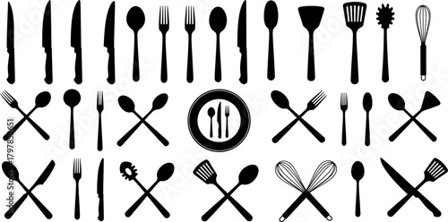Collection of hand drawn black silhouette kitchen utensils and cutlery on white background