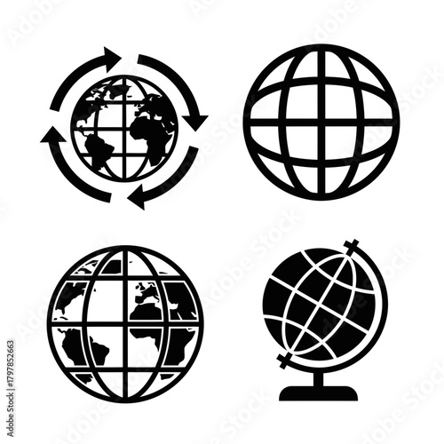 Global Globe Icons Set – World Map Symbol Vector Collection