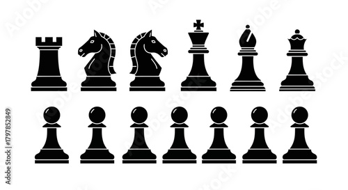 "Chess Pieces Vector Set – Black Silhouette Icons of Full Chess Set"