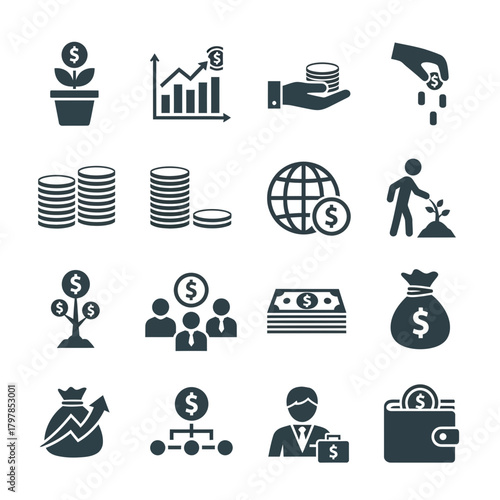 "Finance and Investment Icon Set – Money Growth, Savings, Wealth Management, and Business Symbols"