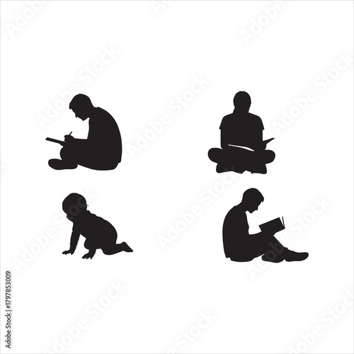 Set of People Reading, Writing, and Crawling Silhouettes