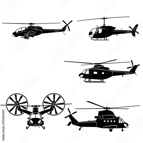 Helicopter Silhouette Set – Military and Civil Chopper Vector Icons