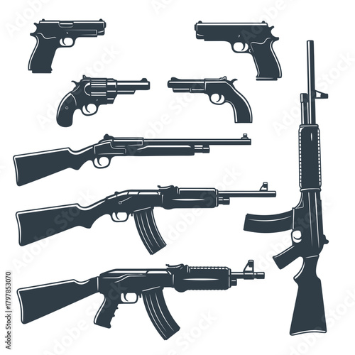 Firearm Weapon Silhouette Vector Set – Rifle, Pistol, Gun Icons Collection