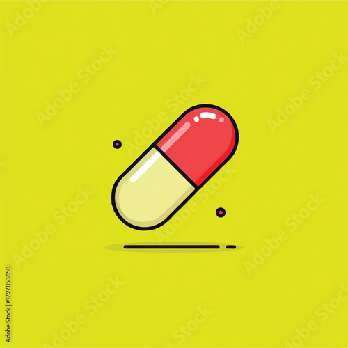 Cartoon Style Pill Capsule Illustration on Yellow Background Medication and Healthcare Concepts for Pharmaceutical Industry Marketing and Design Materials
