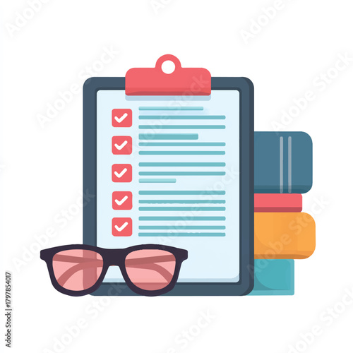 Checklist on Clipboard with Completed Tasks Next to Stack of Books and Eyeglasses for Vision Correction Education and Productivity Planning Concept