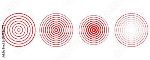 Red concentric ripple circles set. Sonar or sound wave rings collection. Epicentre, target, radar icon concept. Radial signal or vibration elements. Halftone vector illustration
