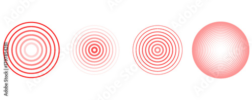 Red concentric ripple circles set. Sonar or sound wave rings collection. Epicentre, target, radar icon concept. Radial signal or vibration elements. Halftone vector illustration