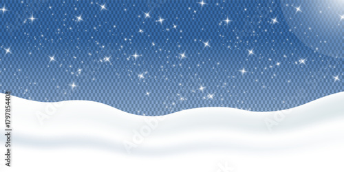 Snow realistic landscape background with snowfall and snowflakes. Vector