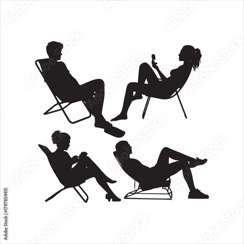 Set of People Relaxing in Folding Chairs Silhouettes