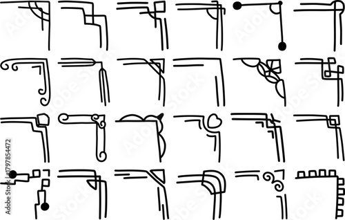 Decorative corner designs illustrated as elegant vector accents for framing borders, enhancing layouts, and adding artistic detail to creative graphic projects.