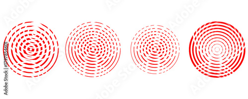 Red concentric ripple circles set. Sonar or sound wave rings collection. Epicentre, target, radar icon concept. Radial signal or vibration elements. Halftone vector illustration