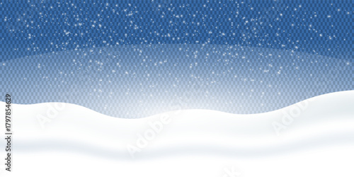 Snow realistic landscape background with snowfall and snowflakes. Vector