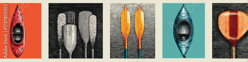 Collection of Kayaks and Paddles Artwork Exploring Water Sports Equipment and Outdoor Recreation Adventure with Various Styles and Designs
