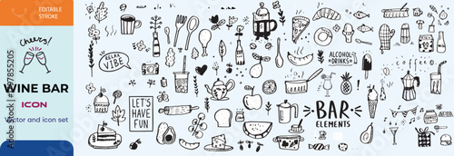 Hand drawn ink line food and wine or champagne drawings. Sketch style Illustrations for wedding celebration invitations,
