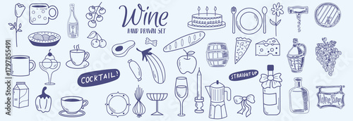 Hand drawn ink line food and wine or champagne drawings. Sketch style Illustrations for wedding celebration invitations,