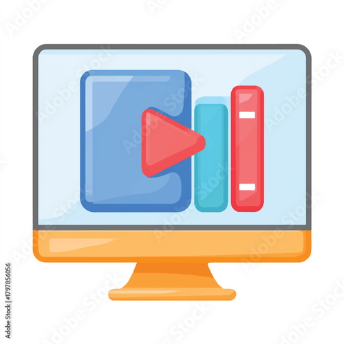 Computer screen displaying media player icon with play button and volume bars illustrating streaming online content and video tutorials for learning new skills