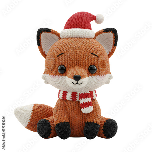 Adorable holiday fox plush with soft knitted texture and Christmas clothing isolated