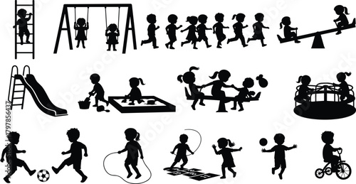 playground, children, silhouette, activity, outdoor, swing, slide, seesaw, sandbox, soccer, tricycle, hopscotch, climbing, jumping, vector