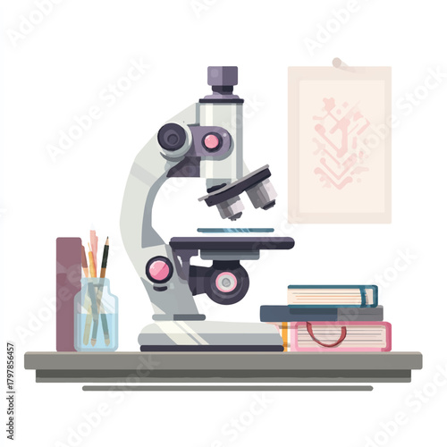 Detailed illustration of a vintage microscope with accompanying books and art supplies representing scientific exploration and research in laboratory settings enhancing visual communication