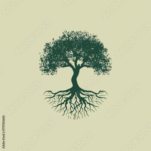 Detailed Tree Illustration with Intricate Roots and Lush Foliage Symbolic of Growth Strength and Deep Connections in Nature Against a Simple Background