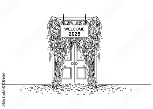  Welcoming the New Year 2026. A festive door decorated with streamers, a "Welcome 2026" sign, and confetti. Black and white line art vector illustration.
