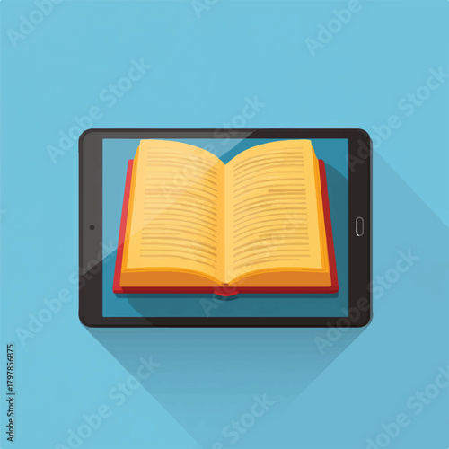 Digital learning and online education concept illustration of an open book on a tablet symbolizing access to knowledge and modern studying tools for students worldwide