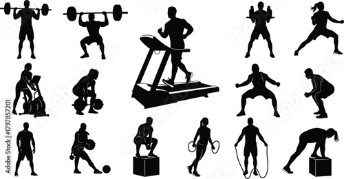 fitness, exercise, silhouette, workout, training, weightlifting, squatting, treadmill, resistance, jumping, rope, cycling, cardio, strength, vector