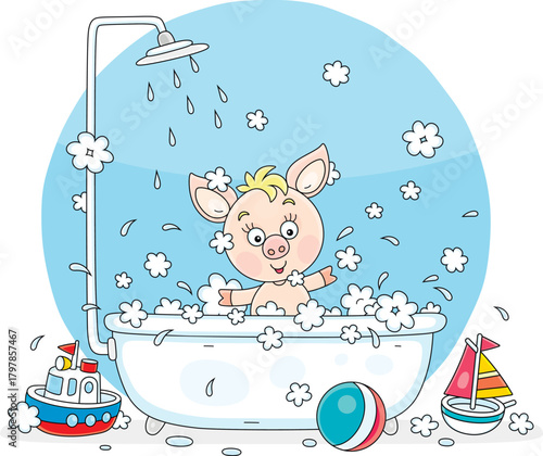 Little pink piglet playing with toys and splashing with foam in a bubble bath with a shower in a home bathroom, vector cartoon illustration isolated on a white background