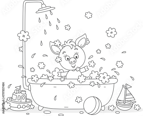 Little piglet playing with toys and splashing with foam in a bubble bath with a shower in a home bathroom, black and white vector cartoon illustration for a coloring book