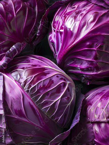 Close-up of vibrant red cabbage leaves showing rich purple textures and patterns