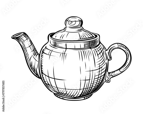 Tea kettle. Vector hand drawn illustration of teapot in engraved style. Ceramic household kitchen utensils. Black and white sketch isolated on white background