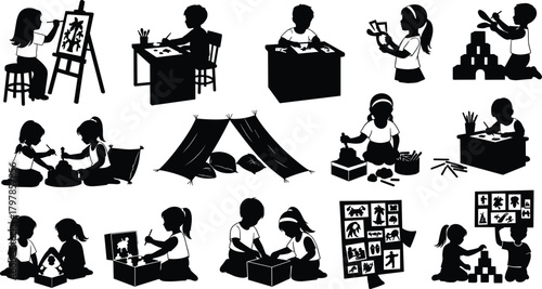 children, activity, silhouette, creative, play, learning, drawing, painting, sculpting, building, camping, desk, clay, paper, vector