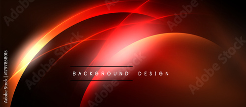 Abstract red design features curved lines, glowing effects. Dark background enhances vibrant color contrasts, modern aesthetic.