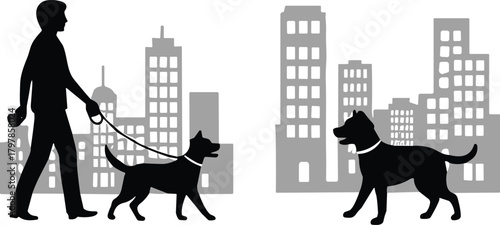 dog, walking, silhouette, city, urban, pet, leash, freedom, building, skyline, person, street, companion, outdoor, vector