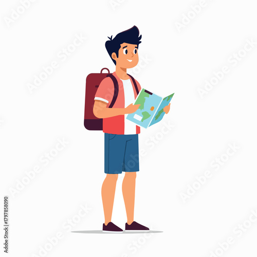 Young Traveler with Backpack and Map Exploring Adventure Illustration