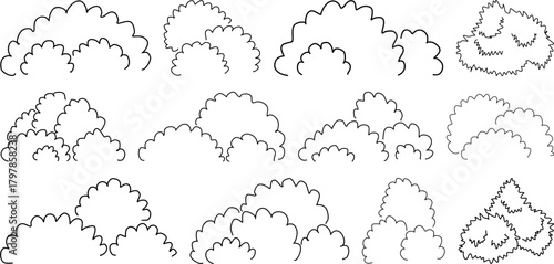Bush and shrub illustrations featuring organic foliage shapes designed as versatile vector elements for landscapes, nature scenes, gardens, and creative graphic projects